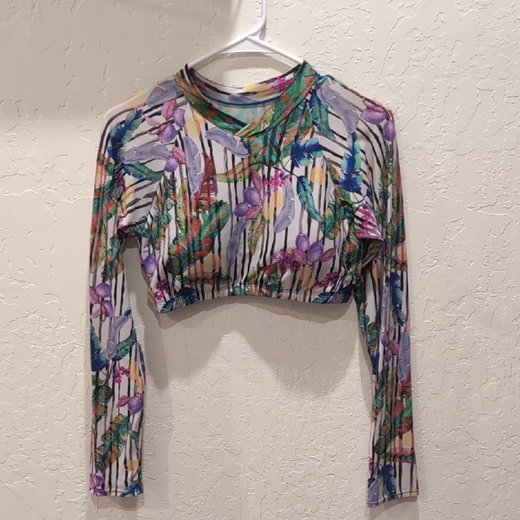 Floral Long Sleeve Mesh Crop Top - Picture 1 of 3